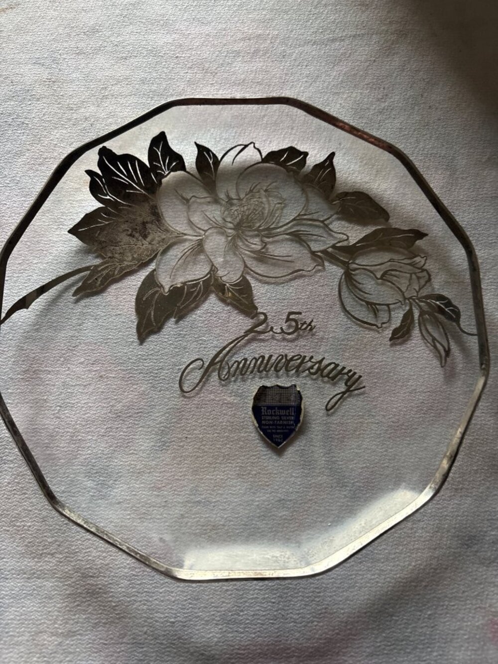 Rockwell 25th Anniversary Decorative Glass Plate With Sterling Silver Floral Des